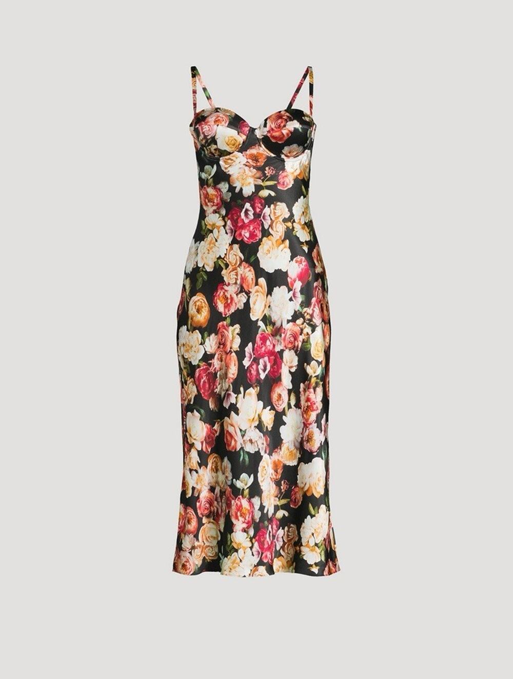 NWT L’Agence Solay Silk Slip Dress Floral Midi Black Size 8